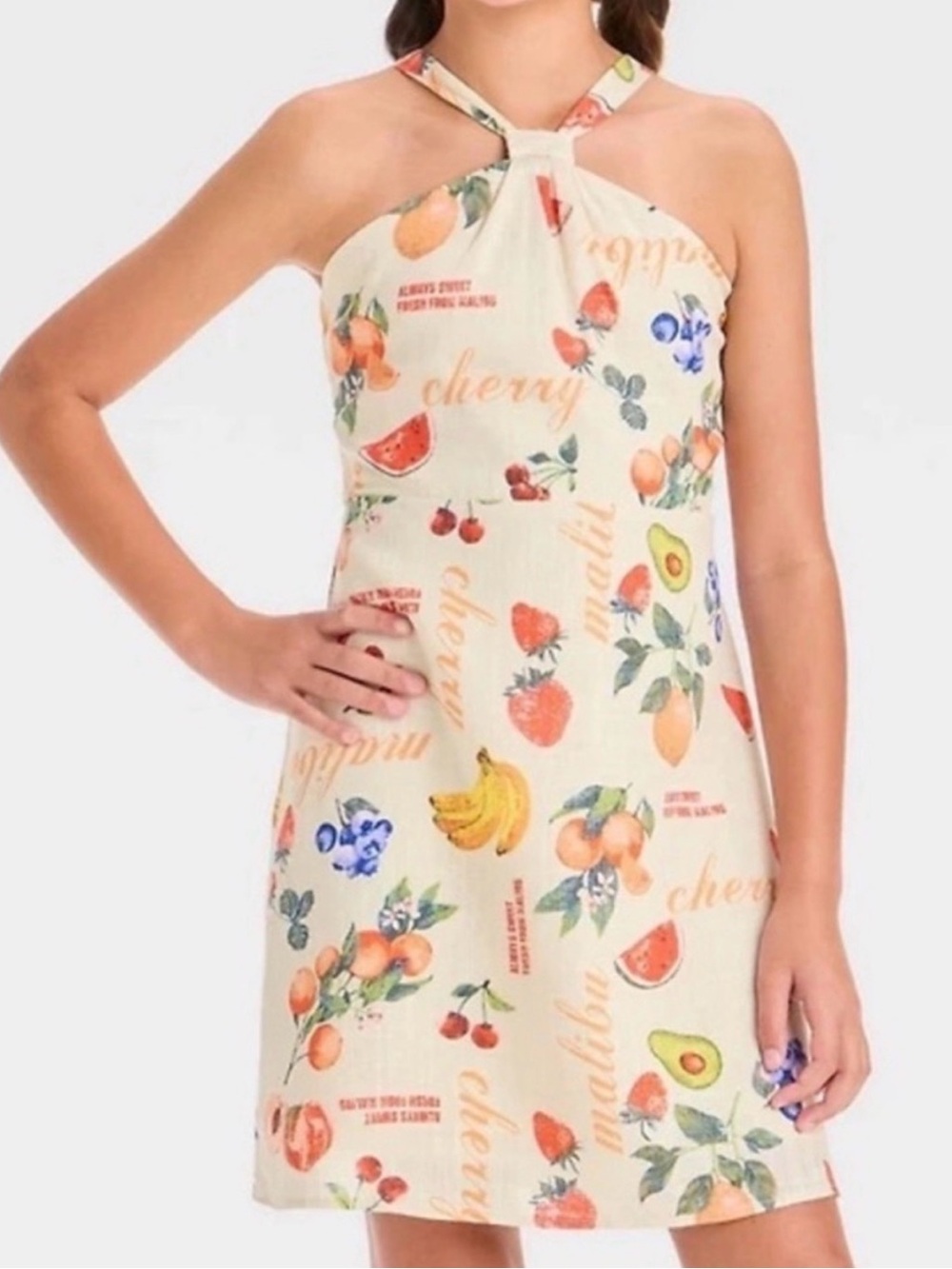 Girls Cream Fruit-Print Halter Dress